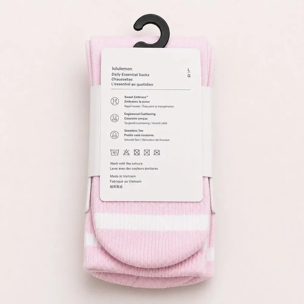 Lululemon White Pink Stripe Daily Essential Crew Socks Unisex Large NWT